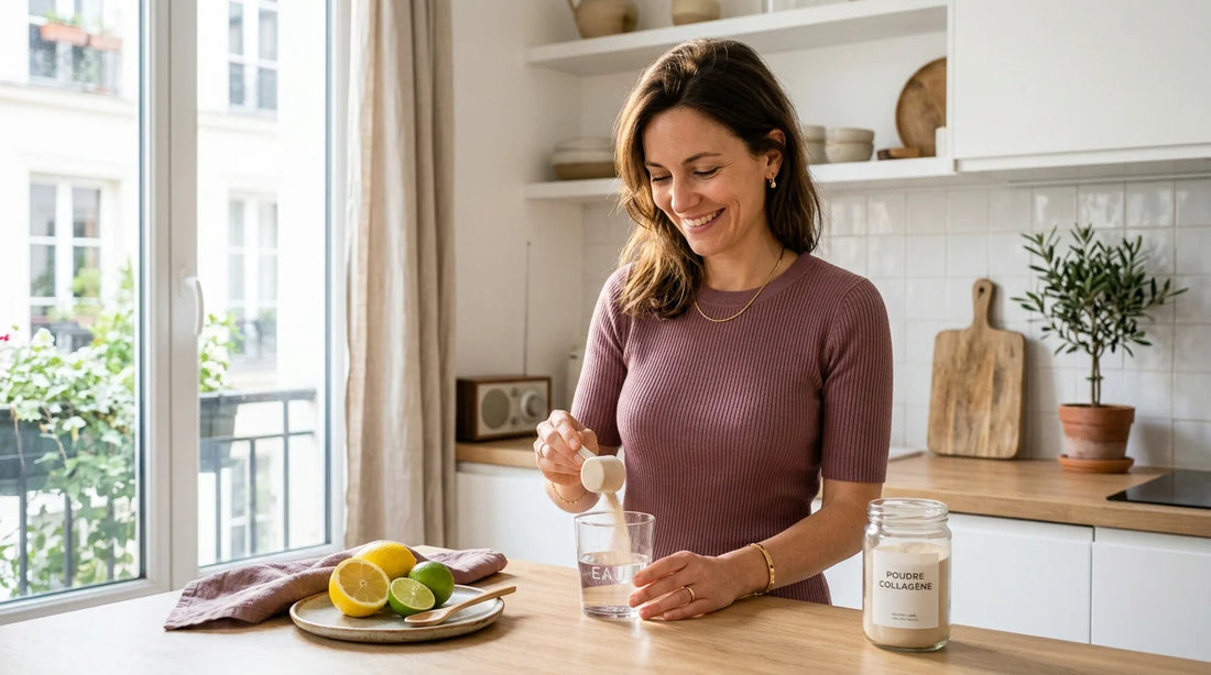 Femme préparant sa boisson au collagène le matin dans une cuisine lumineuse