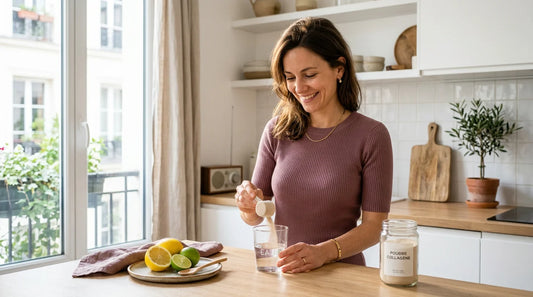 Femme préparant sa boisson au collagène le matin dans une cuisine lumineuse