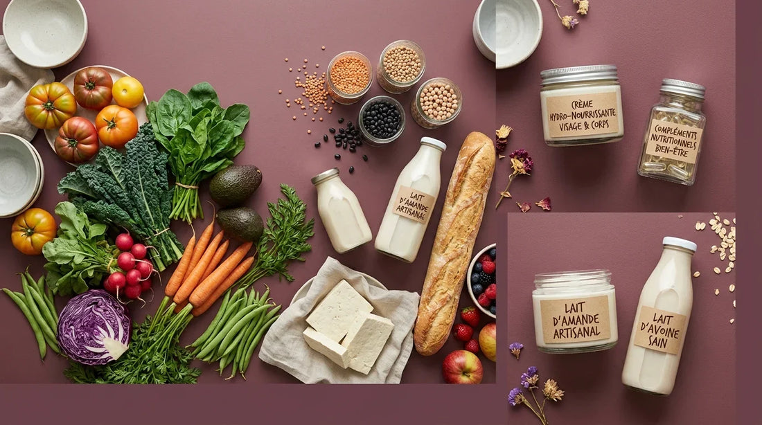 Composition à plat de produits vegan alimentaires et cosmétiques sur fond neutre