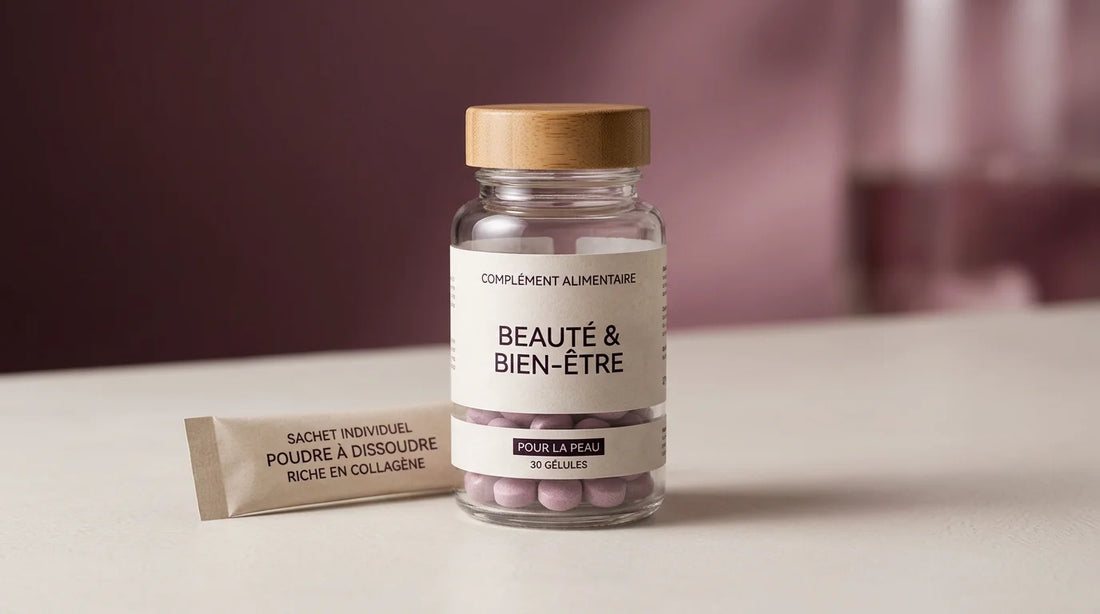 Complément beauté au collagène de dernière génération sur fond épuré