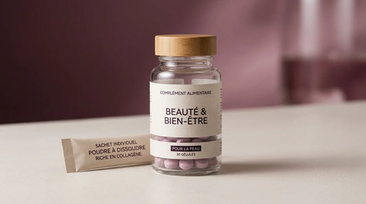Complément beauté au collagène de dernière génération sur fond épuré