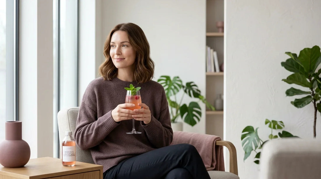 Femme prenant une boisson beauté au collagène vegan dans une routine matinale
