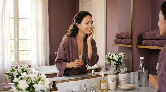 Femme préparant sa peau au soleil dans une routine matinale