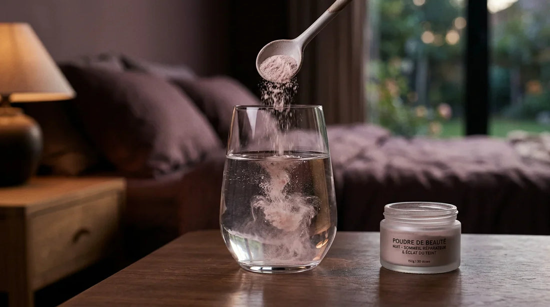 Complément de collagène préparé dans un verre pour la routine du soir