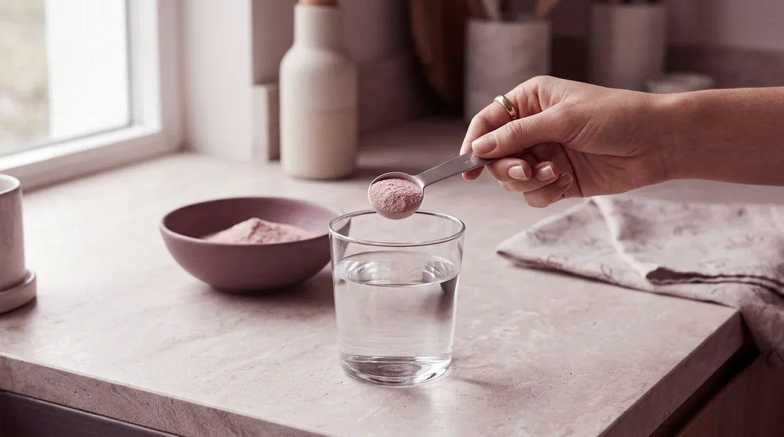 Poudre de complément de collagène versée au-dessus d'un verre d'eau