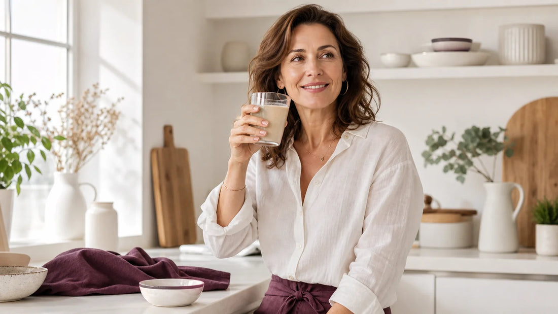 Femme préparant une boisson au collagène dans sa cuisine, ambiance beauté et bien-être