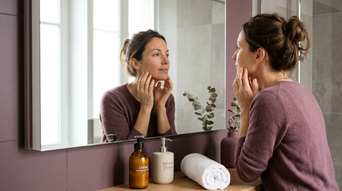 Femme adulte observant sa peau dans un miroir dans une salle de bain lumineuse