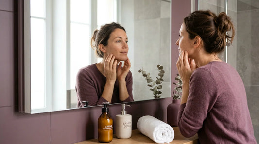 Femme adulte observant sa peau dans un miroir dans une salle de bain lumineuse