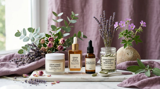 Compléments et cosmétiques vegan présentés avec des éléments végétaux