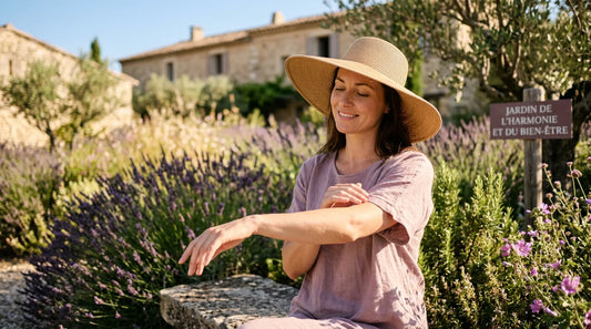 Femme se protégeant du soleil en extérieur avec un chapeau à larges bords