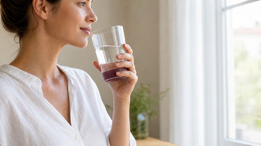 Personne buvant un verre d’eau dans une scène éditoriale dédiée à l’hydratation de la peau
